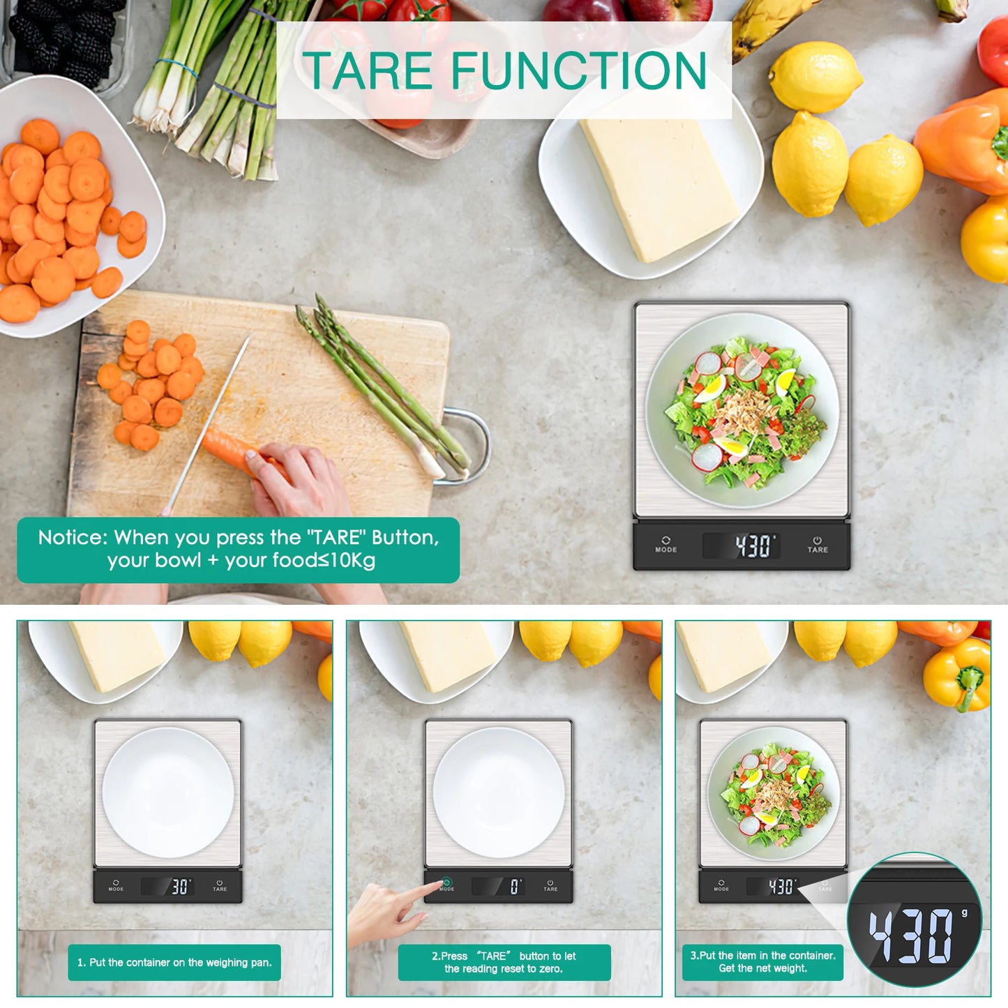 Digital Kitchen Scale 10KG /1G Scale Kitchen Scale with Pull-Out LCD Display High-Precision Weighing Scale with Tare Function