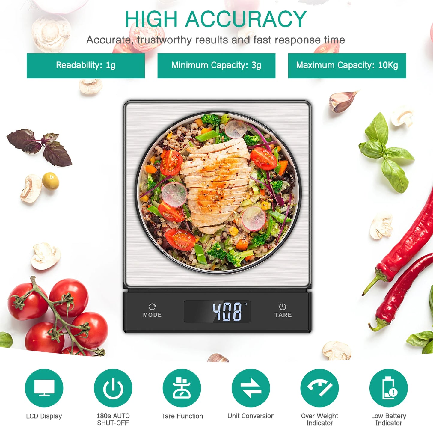 Digital Kitchen Scale 10KG /1G Scale Kitchen Scale with Pull-Out LCD Display High-Precision Weighing Scale with Tare Function